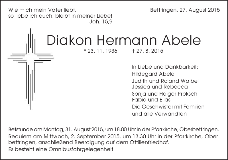  Traueranzeige für Hermann Abele vom 29.08.2015 aus Gmünder Tagespost