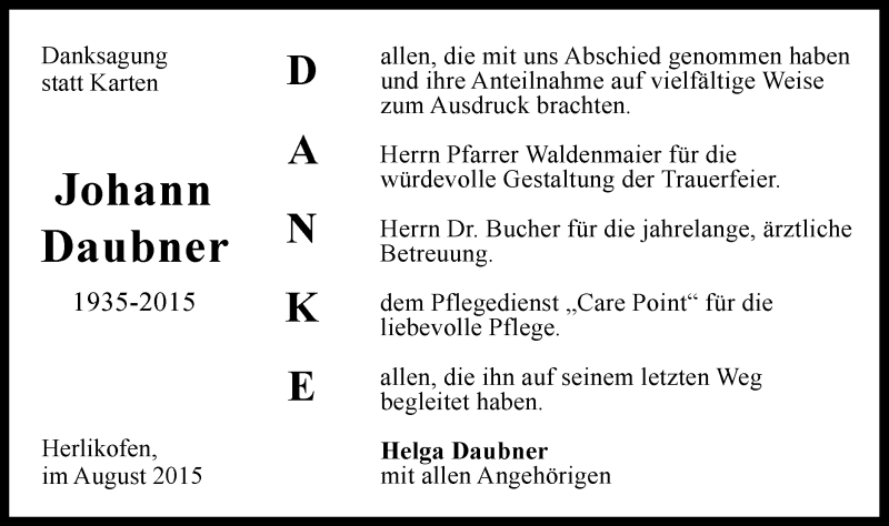  Traueranzeige für Johann Daubner vom 22.08.2015 aus Gmünder Tagespost