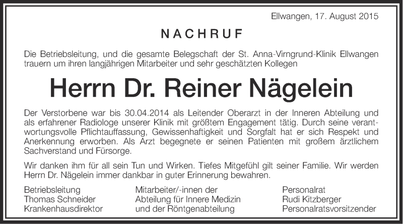  Traueranzeige für Reiner Nägelein vom 18.08.2015 aus Schwäbische Post
