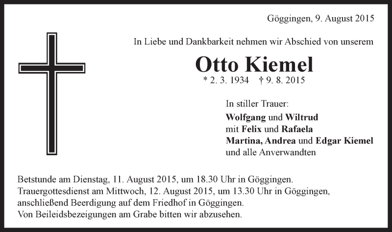  Traueranzeige für Otto Kiemel vom 10.08.2015 aus Gmünder Tagespost