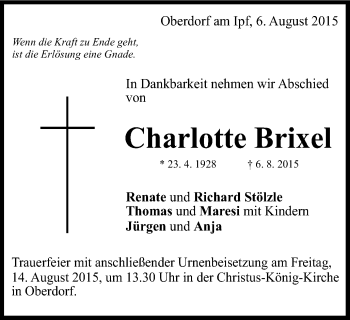 Traueranzeige von Charlotte Brixel von Schwäbische Post