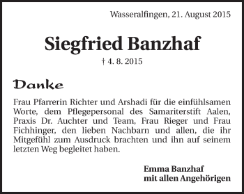 Traueranzeige von Siegfried Banzhaf von Schwäbische Post