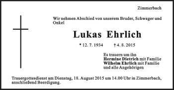 Traueranzeige von Lukas Ehrlich von Gmünder Tagespost