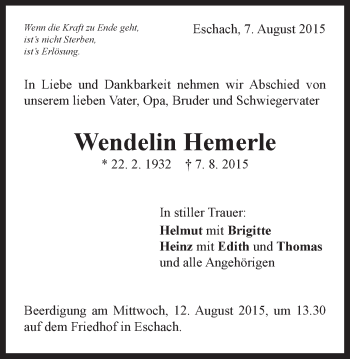 Traueranzeige von Wendelin Hemerle von Gmünder Tagespost