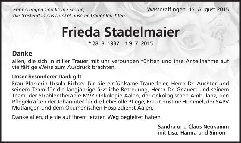  Traueranzeige für Frieda Stadelmaier vom 15.08.2015 aus Schwäbische Post