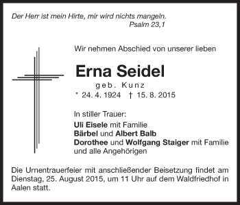 Traueranzeige von Erna Seidel von Schwäbische Post