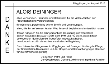 Traueranzeige von Alois Deininger von Gmünder Tagespost