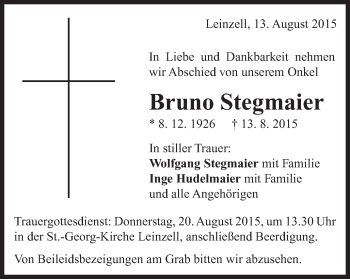 Traueranzeige von Bruno Stegmaier von Gmünder Tagespost