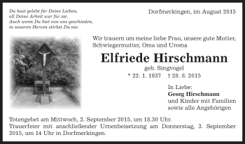 Traueranzeige von Elfriede Hirschmann von Schwäbische Post