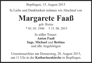 Traueranzeige von Margarete Faaß von Schwäbische Post