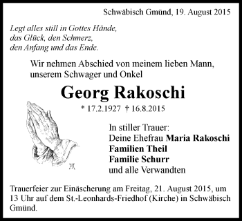 Traueranzeige von Georg Rakoschi von Gmünder Tagespost