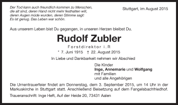 Traueranzeige von Rudolf Zubler von Schwäbische Post