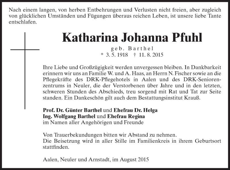  Traueranzeige für Katharina Johanna Pfuhl vom 18.08.2015 aus Schwäbische Post
