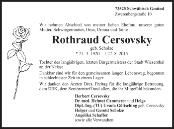 Traueranzeige von Rothraud Cersovsky von Gmünder Tagespost