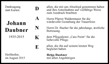 Traueranzeige von Johann Daubner von Gmünder Tagespost