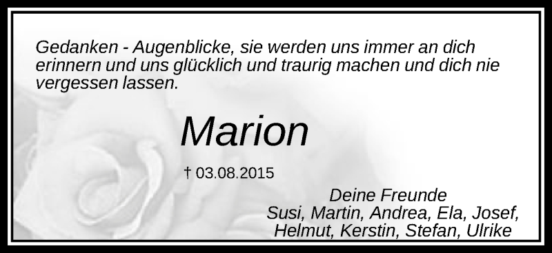 Traueranzeige für Marion Fritz vom 06.08.2015 aus Schwäbische Post