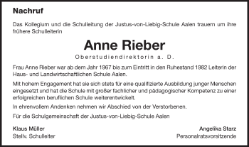 Traueranzeige von Anne Rieber von Schwäbische Post