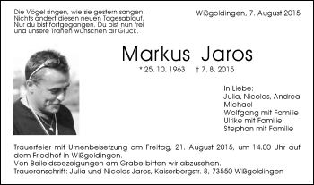 Traueranzeige von Markus Jaros von Gmünder Tagespost