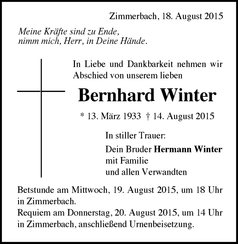  Traueranzeige für Bernhard Winter vom 18.08.2015 aus Gmünder Tagespost