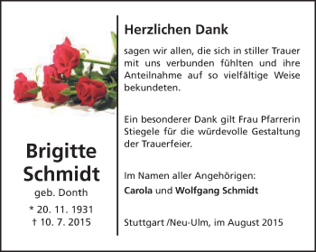 Traueranzeige von Brigitte Schmidt von Schwäbische Post