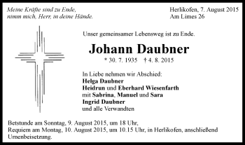 Traueranzeige von Johann Daubner von Gmünder Tagespost