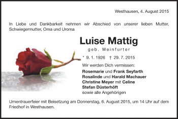 Traueranzeige von Luise Mattig von Schwäbische Post