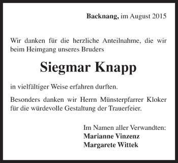 Traueranzeige von Siegmar Knapp von Gmünder Tagespost