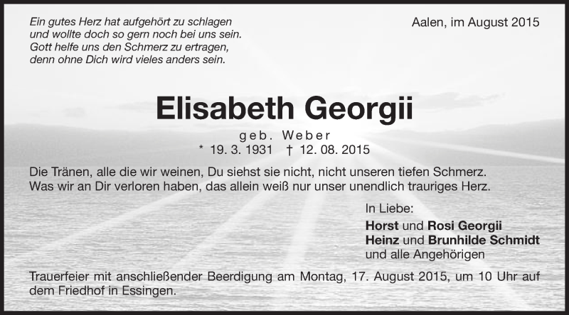  Traueranzeige für Elisabeth Georgii vom 14.08.2015 aus Schwäbische Post