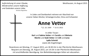 Traueranzeige von Anne Vetter  von Schwäbische Post