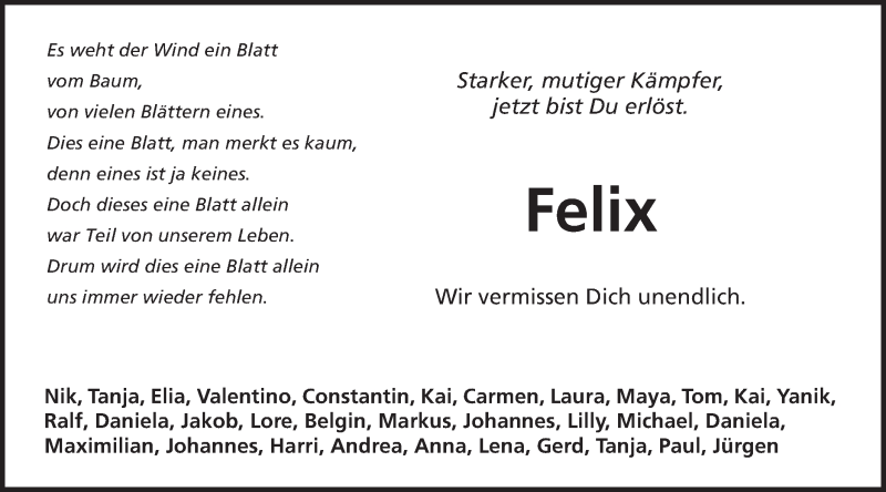  Traueranzeige für Felix Xander Bock vom 11.08.2015 aus Schwäbische Post