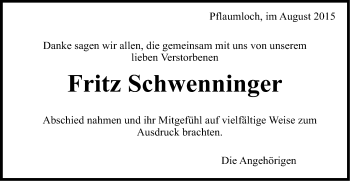 Traueranzeige von Fritz Schwenninger von Schwäbische Post