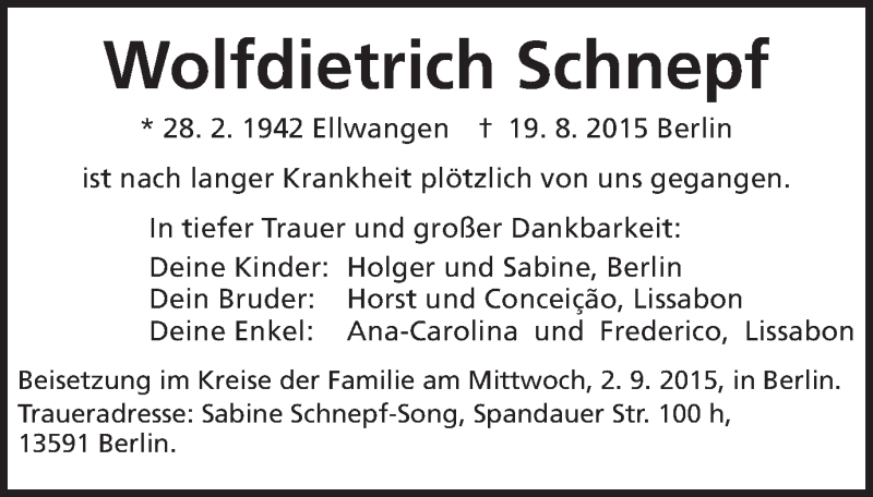 Traueranzeige für Wolfdietrich Schnepf vom 28.08.2015 aus Schwäbische Post