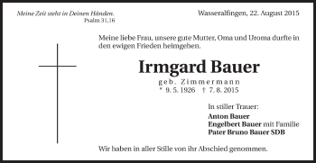 Traueranzeige von Irmgard Bauer von Schwäbische Post
