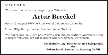 Traueranzeige von Artur Breckel von Gmünder Tagespost
