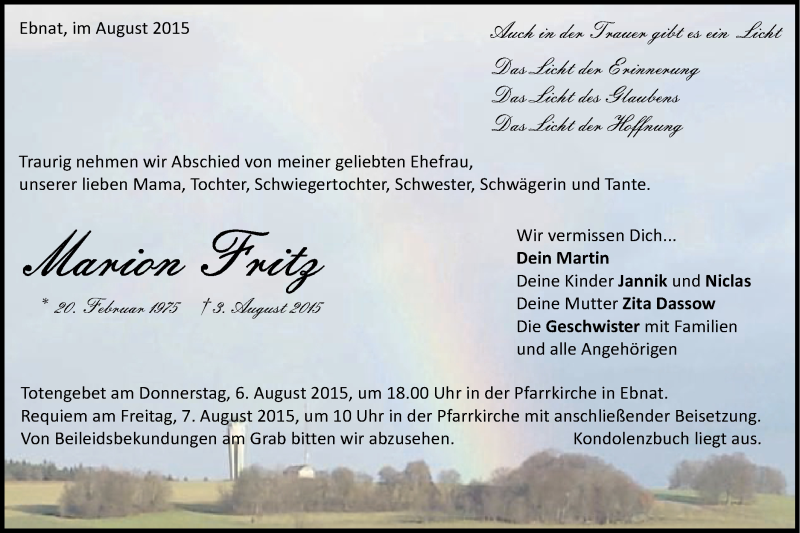  Traueranzeige für Marion Fritz vom 05.08.2015 aus Schwäbische Post
