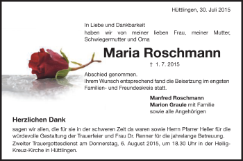 Traueranzeige von Maria Roschmann von Schwäbische Post