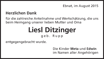 Traueranzeige von Liesl Ditzinger von Schwäbische Post