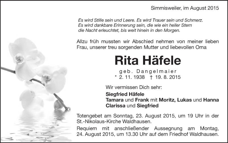  Traueranzeige für Rita Häfele vom 21.08.2015 aus Schwäbische Post