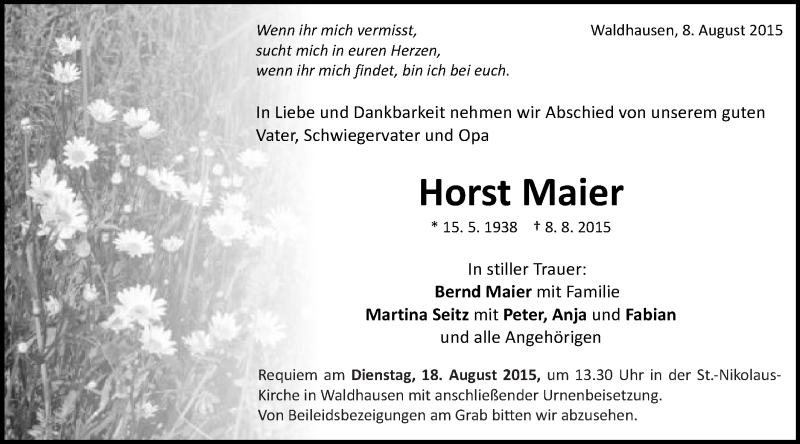  Traueranzeige für Horst Maier vom 17.08.2015 aus Schwäbische Post