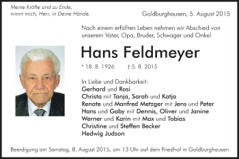 Traueranzeige von Hans Feldmeyer von Schwäbische Post
