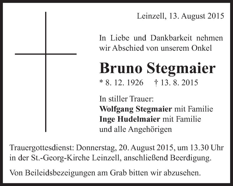  Traueranzeige für Bruno Stegmaier vom 17.08.2015 aus Gmünder Tagespost
