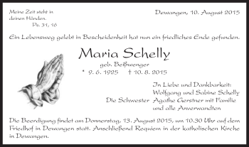 Traueranzeige von Maria Schelly von Schwäbische Post