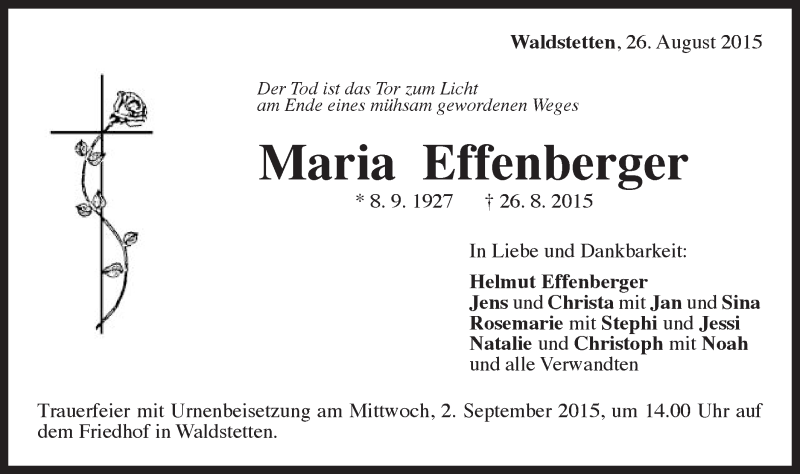  Traueranzeige für Maria Effenberger vom 29.08.2015 aus Gmünder Tagespost