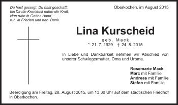 Traueranzeige von Lina Kurscheid von Schwäbische Post