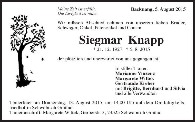  Traueranzeige für Siegmar Knapp vom 11.08.2015 aus Gmünder Tagespost