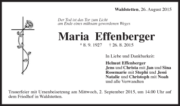 Traueranzeige von Maria Effenberger von Gmünder Tagespost