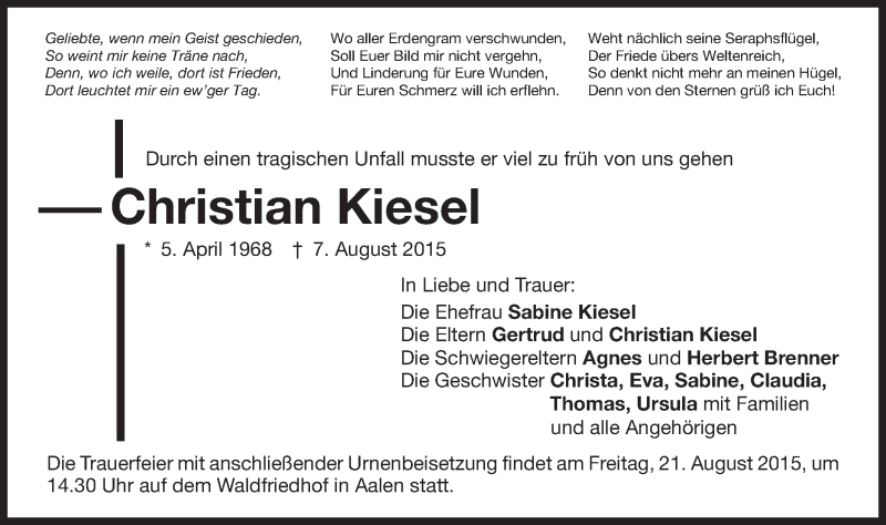  Traueranzeige für Christian Kiesel vom 19.08.2015 aus Schwäbische Post