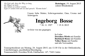Traueranzeige von Ingeborg Bosse von Gmünder Tagespost