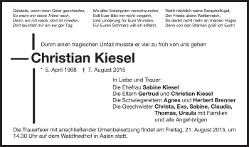 Traueranzeige von Christian Kiesel von Schwäbische Post