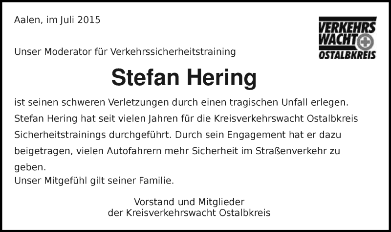  Traueranzeige für Stefan Hering vom 01.08.2015 aus Schwäbische Post